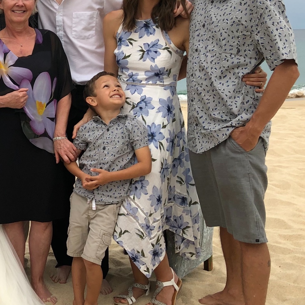 Lulu’s Zahara Blue White Floral Print Midi Dress Wedding Guest Cocktail Event